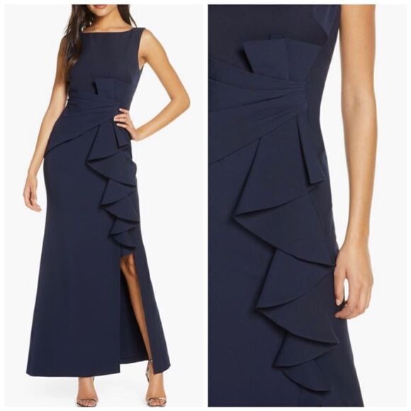 ELIZA J Ruffle Front Gown in Navy Blue size 6 - Picture 1 of 7
